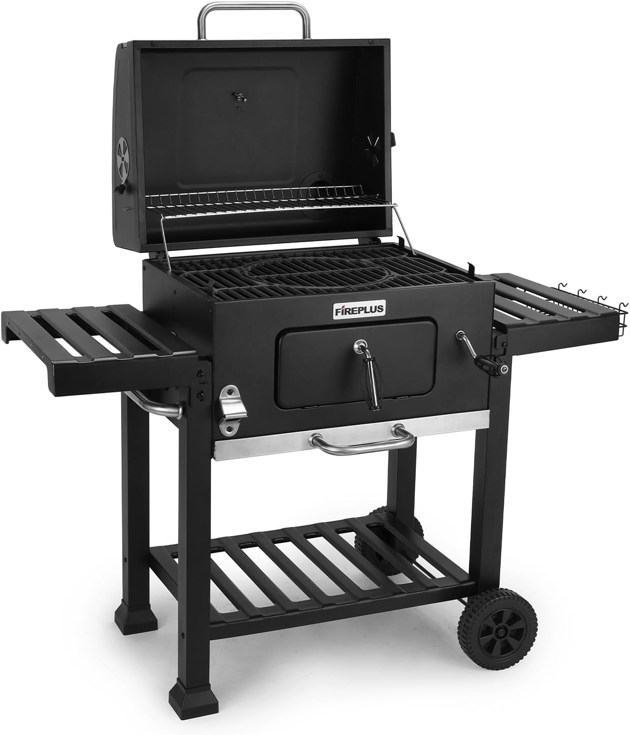Amig - Holzkohlegrill- Fireplus Tragbarer Barbacue - Grill mit Rädern und Seitenablagen - Belüftungssystem und Aschebehälter - Stahlgrill 57 x 42 cm - Maße: 116-5 x 13-1 x 56 cm