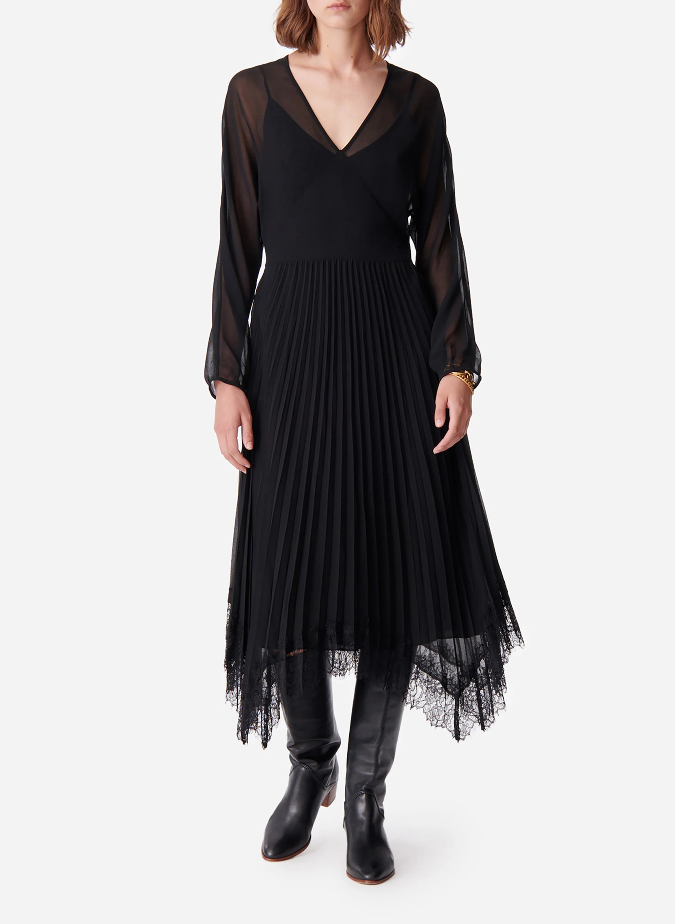 DIAMA - Robe midi plissée à dentelle| Noir
