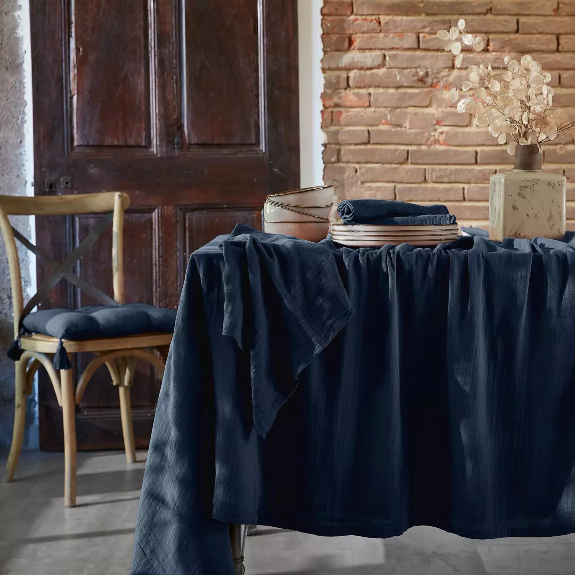 Nappe rectangulaire gaze de coton (150 x 350 cm) Gaïa Bleu nuit