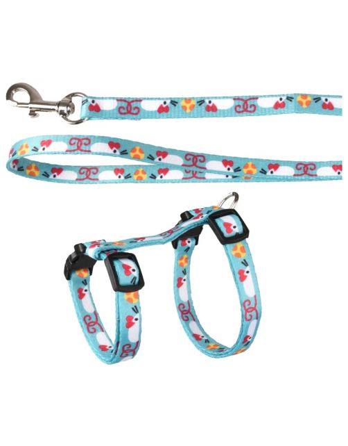 Flamingo Kittenharnas + Lijn Arwen - Kattentuigje - Blauw Print 15-25cm 10mm