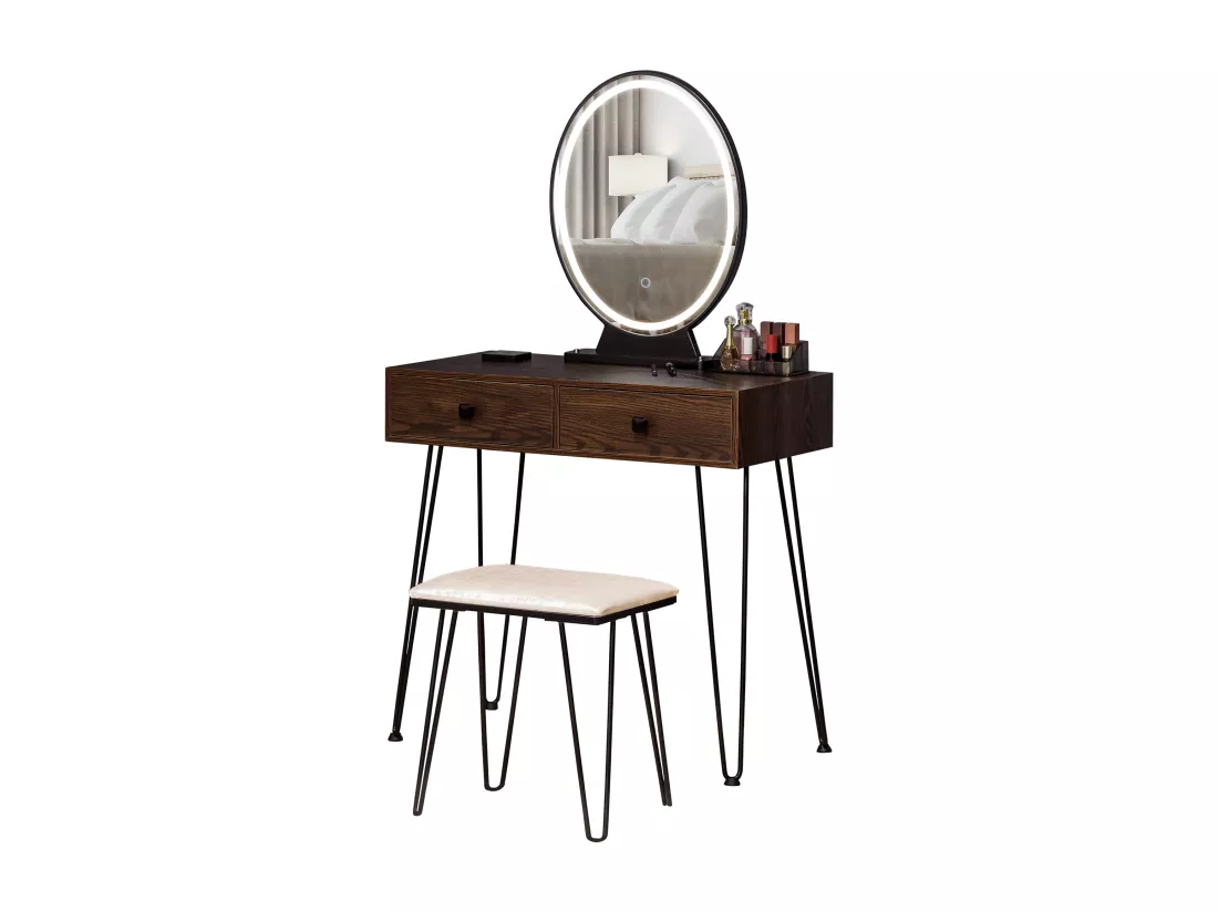 Coiffeuse design - miroir LED intégré - 2 tiroirs + 1 organisateur - tabouret inclus - métal noir MDF imitation bois noyer foncé