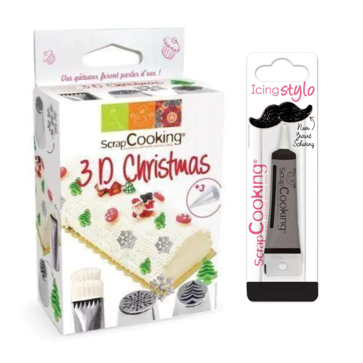 Kit de douilles à pâtisserie 3D Noël + Stylo de glaçage noir Scrapcook