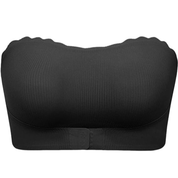 (Gr. M) Trägerloser Wickel BH Nahtloser Bandeau Büsten Halter mit Gewelltem Rand   Frontverschluss - Schwarz