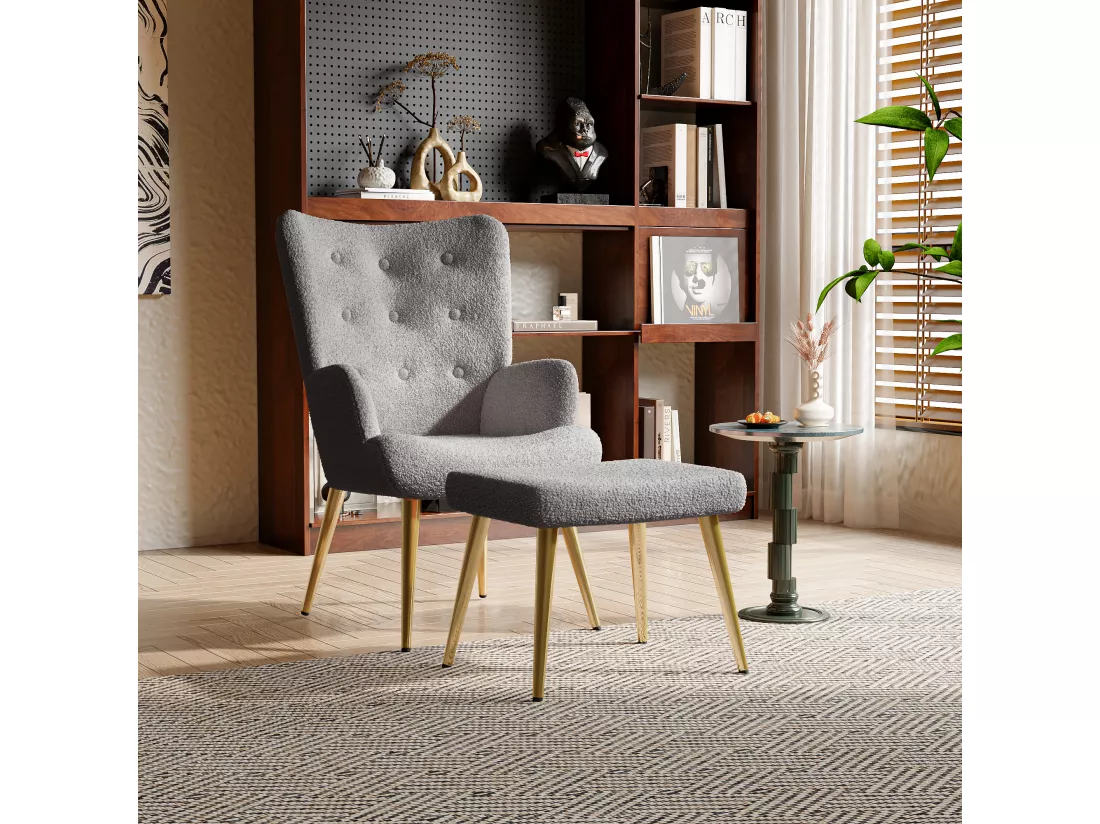 Ensemble 2 pièces, ensemble de chaises sherpa avec tabouret, design élégant, Gris foncé