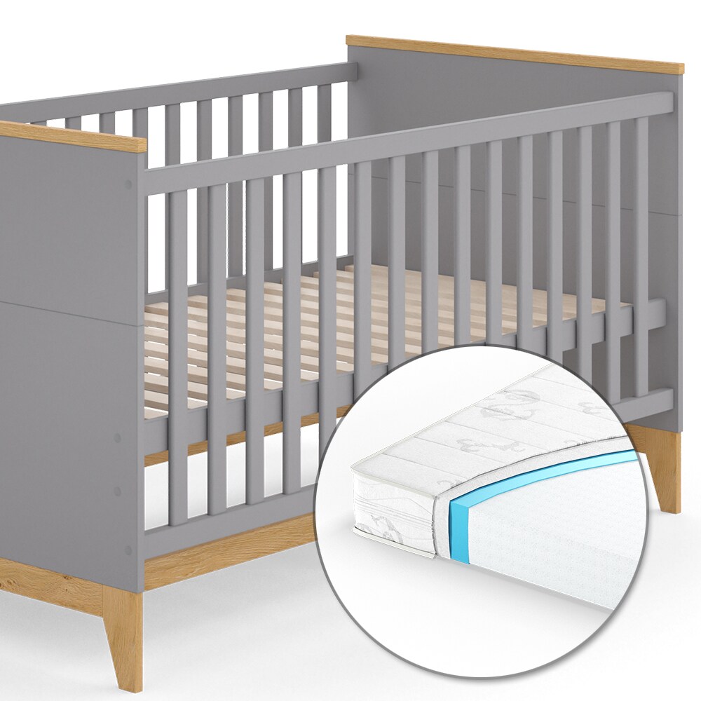 VitaliSpa Kinderbett Babybett Juniorbett Malia Grau Eiche Matratze modern 70x140 cm Kinderzimmer Bett Babyzimmerbett Kindermöbel Babymöbel Schlupfsprossen Lattenrost Rausfallschutz Einzelbett