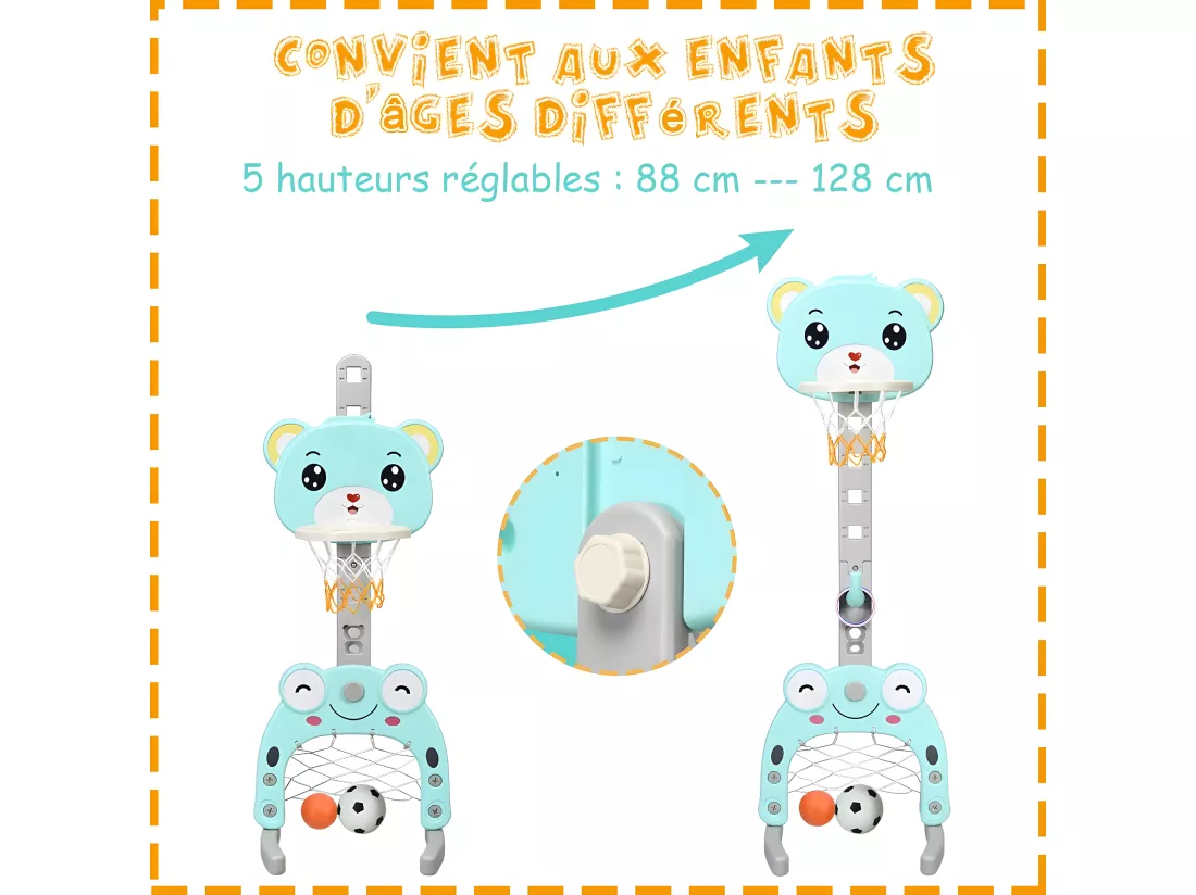 Support de Basket Multifonctionnel pour Enfant avec Panier de Basket-Ball Réglable, But de Football et Anneau à Lance, Basket-Ball et Football Inclus, Hauteur Ajustable Entre 133cm et 158cm