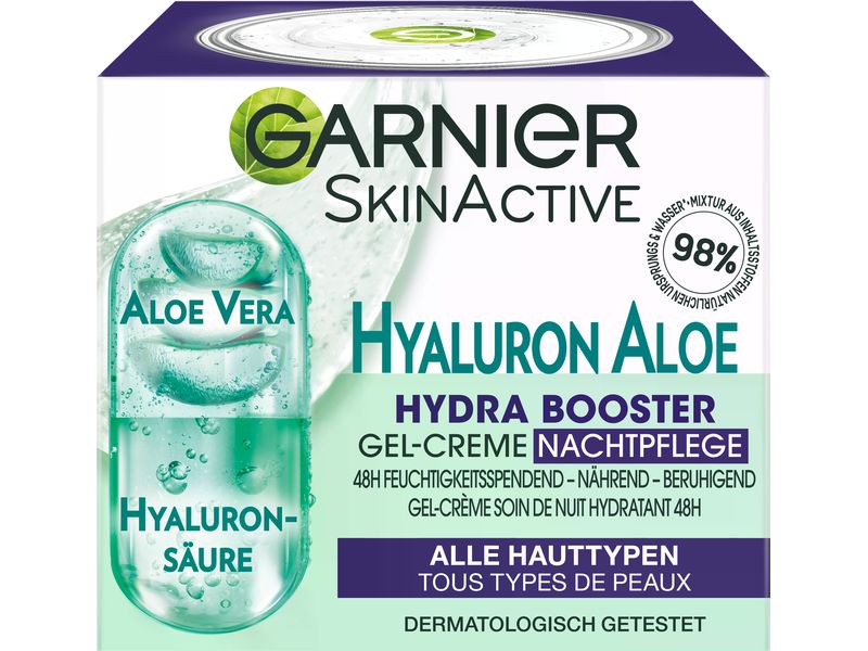 Garnier Nachtcrème Hyaluron Aloe Hydra 50 ml Gel-Creme Nachtpflege spendet der Haut Feuchtigkeit im Schlaf