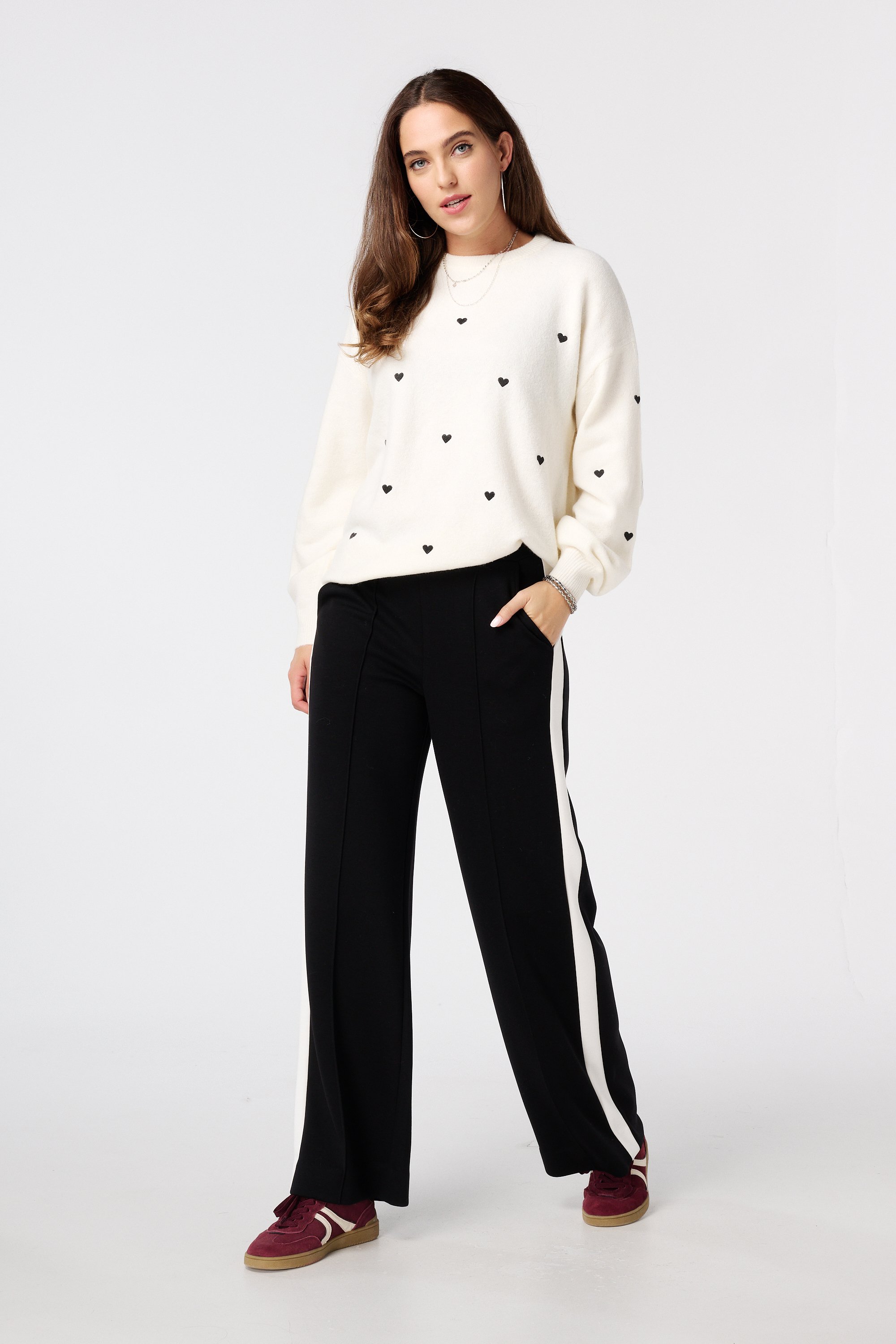 Wijde pantalon met contraststreep Zwart