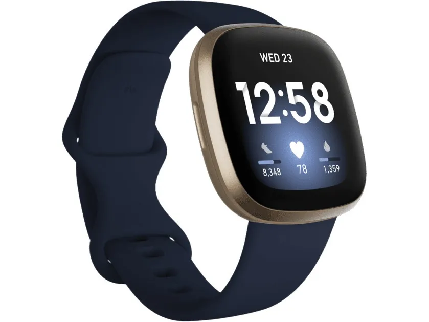[OUTLET] - Fitbit Versa 3 - Blødt guld-aluminium - smart ur med bånd - silikone - midnat - båndstørrelse: S/L - Wi-Fi, NFC, Bluetooth