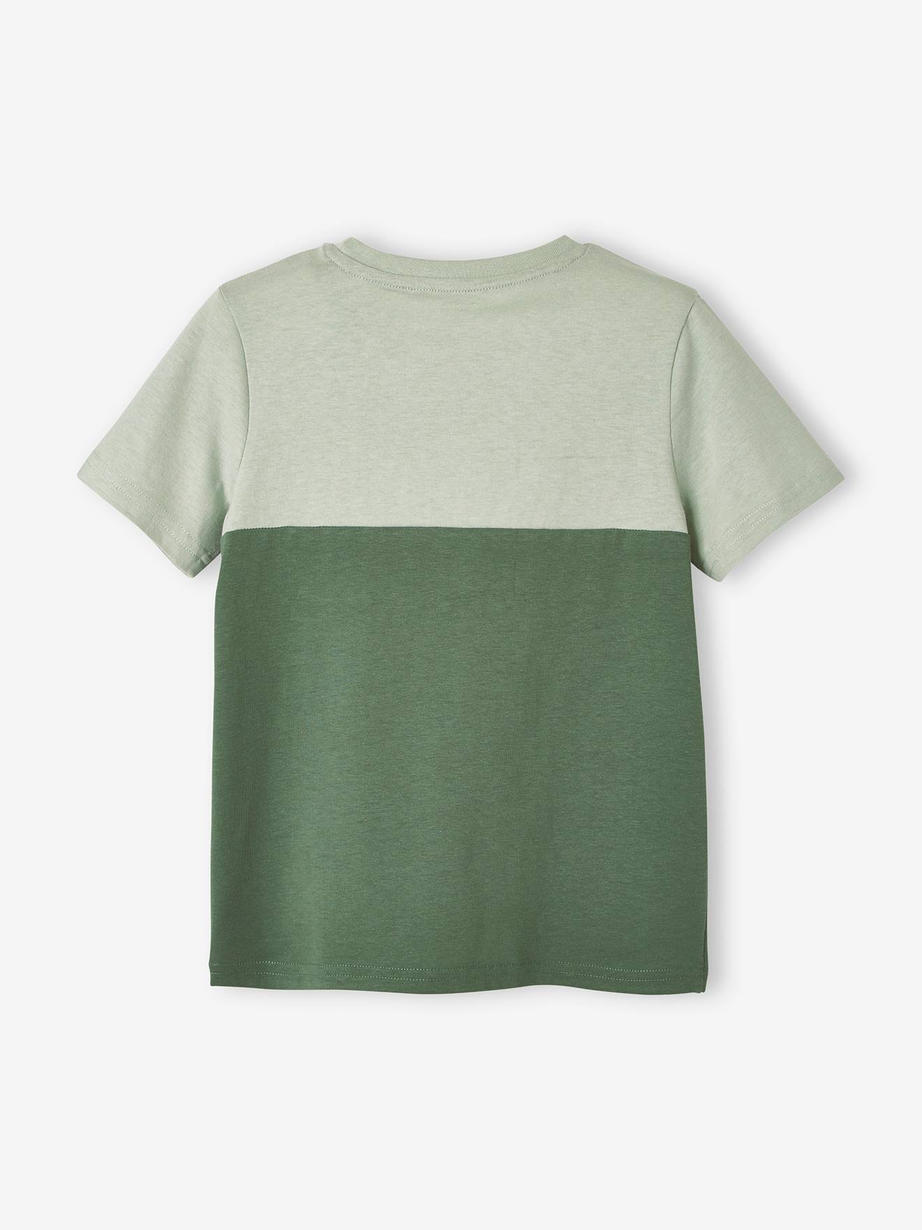 Camiseta infantil masculina de manga curta com blocos de cores, lisa na cor laranja média com estampas.