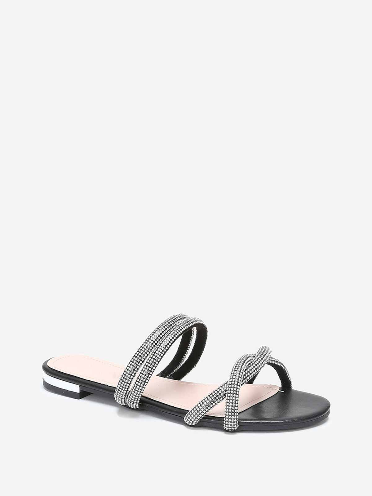 Mules plates à multi-brides en strass- Noir