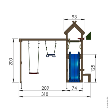 Speeltoestel Jungle Gym Totem met blauwe glijbaan en dubbele schommel van grenenhout