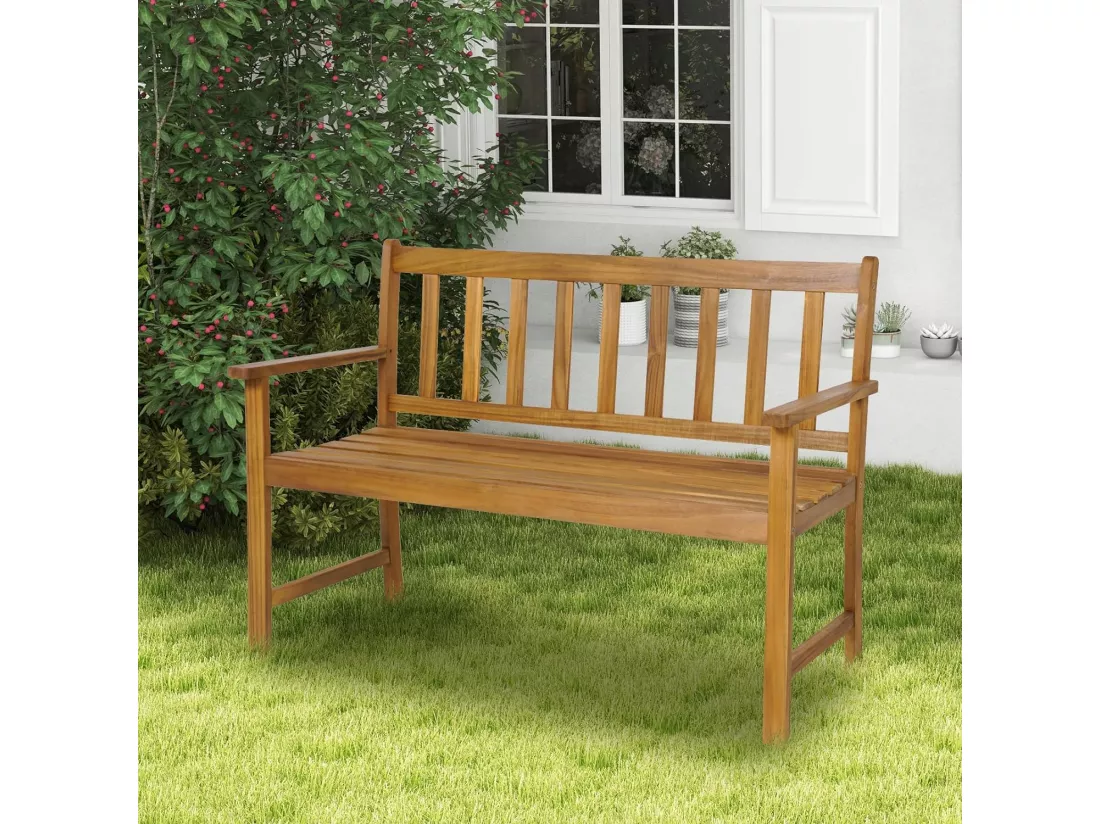 Banc de Jardin en Bois Massif d'Acacia, Banc d'Extérieur à 2 Places avec Accoudoirs, Siège à Lattes pour Parc, Porche, Cour, Charge 360 Kg, 122 x 56,5 x 86 CM (L x l x H), Naturel