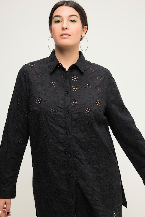 Hemdbluse, Boxy Shape, Lochstickerei, Hemdkragen, Langarm