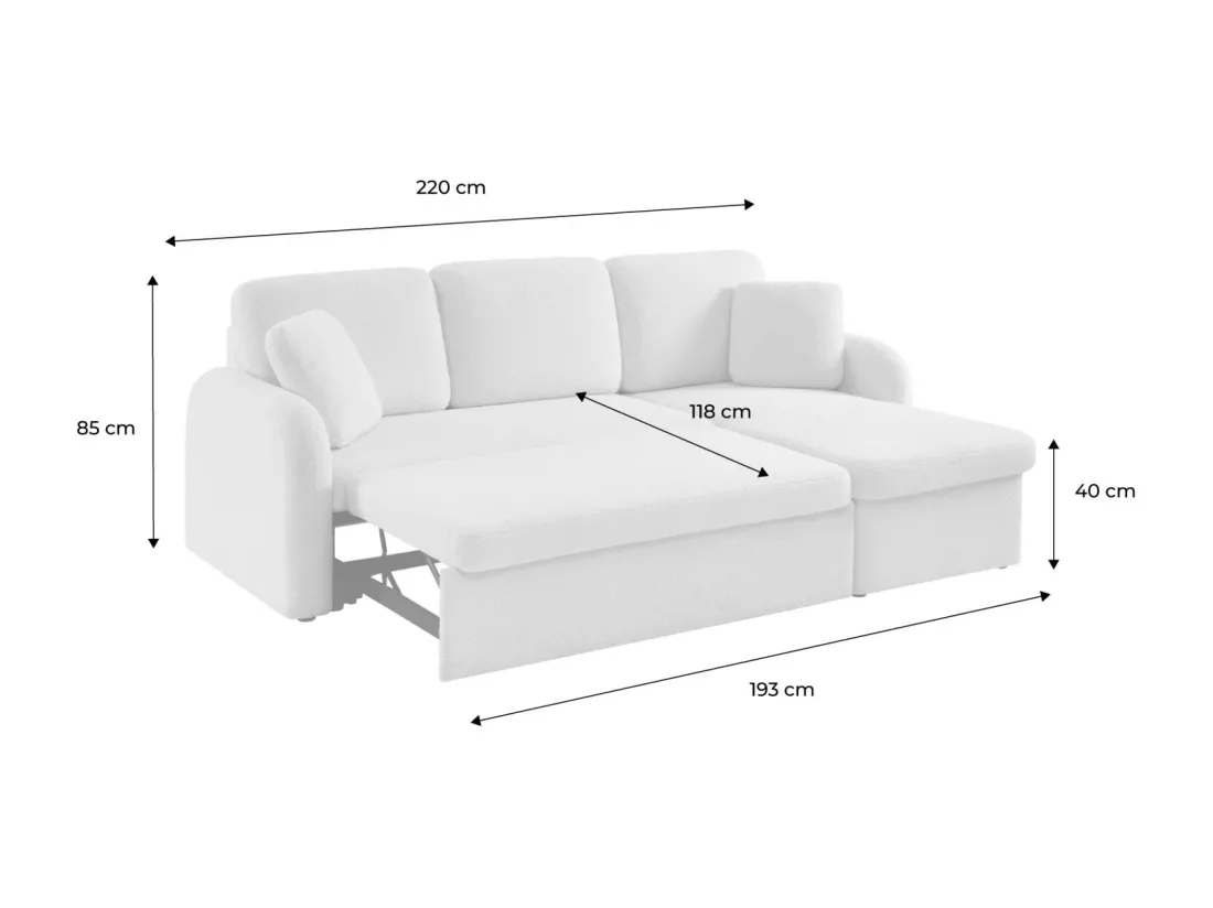 Canapé d'angle convertible en tissu bouclettes blanches - Milano - 3 places. fauteuil d'angle réversible coffre rangement lit modulable