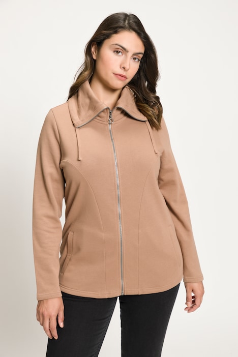Sweatjacke, drapierter Stehkragen, Kunstleder-Details