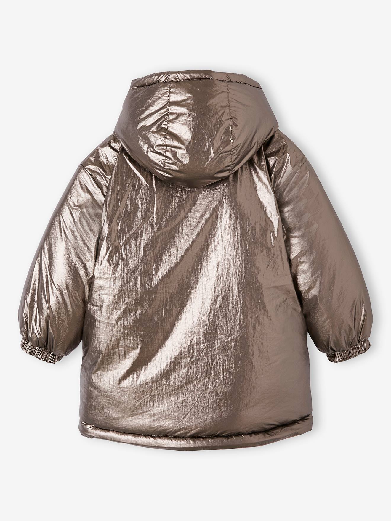 Parka reversível com efeito metálico, com capuz ou jaqueta acolchoada para meninas, prateada.