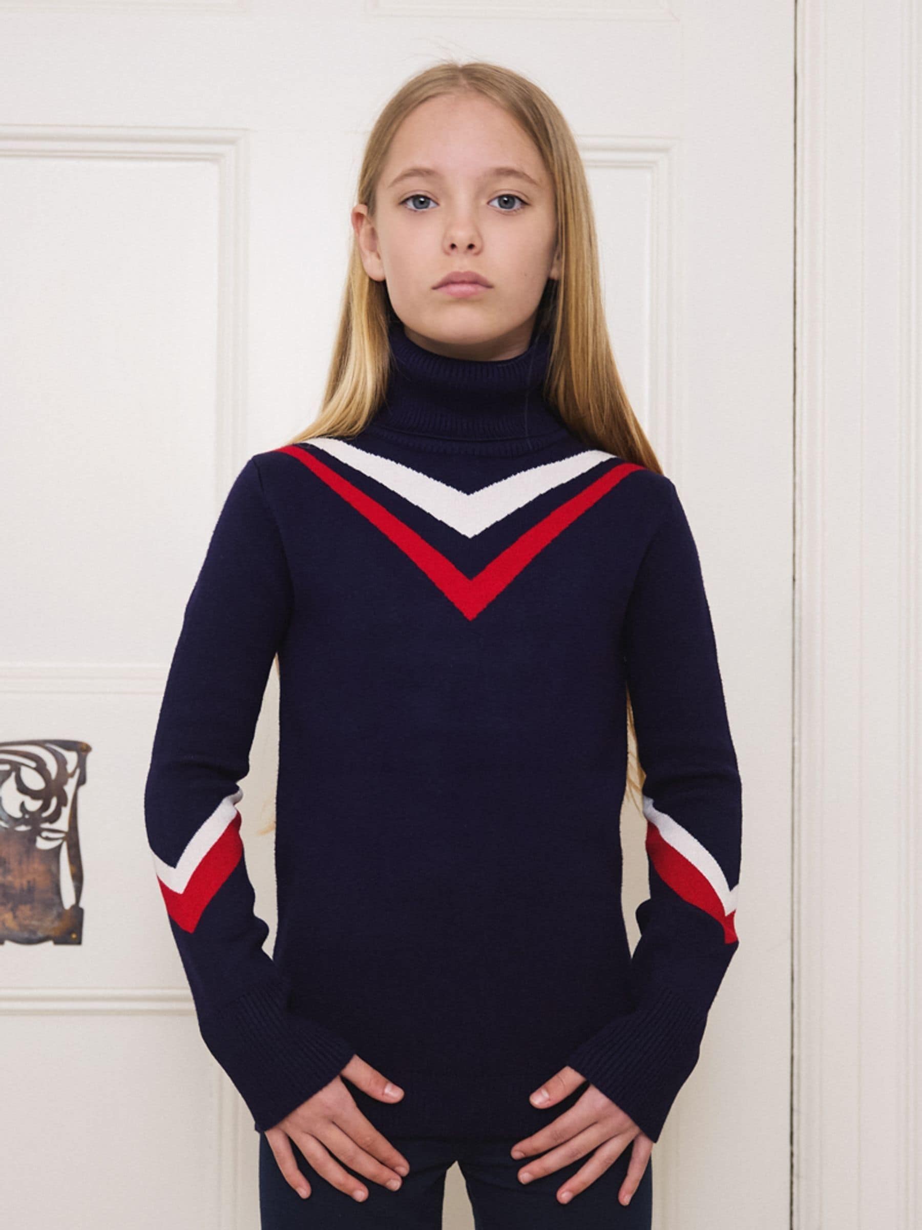 The Little Tailor blauwe retro sport slim fit kersttrui voor kids