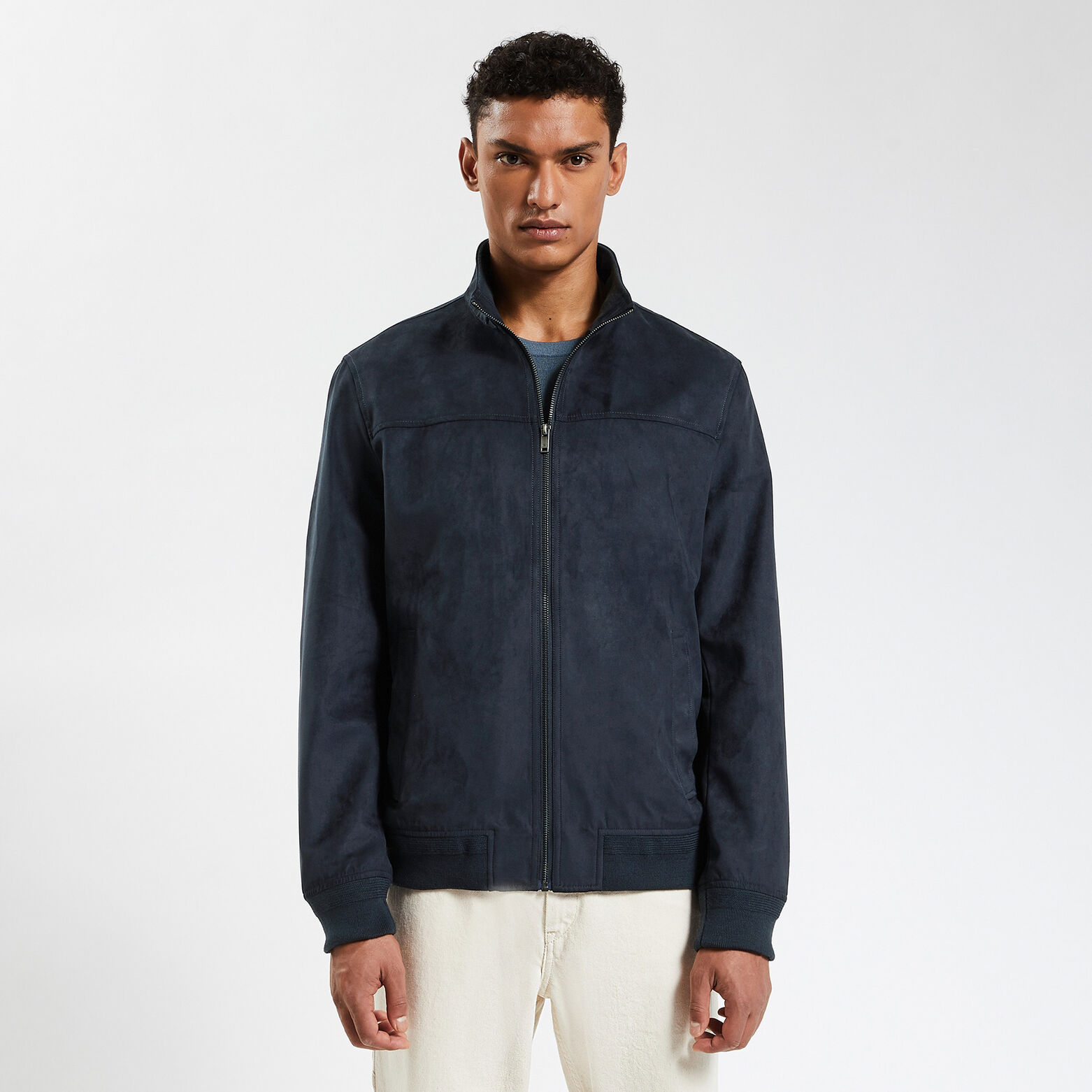 Blouson col montant aspect velours Bleu foncé