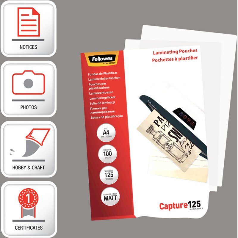 Pochettes de plastification Fellowes A5 2 x 125 µ mates - Boite de 100