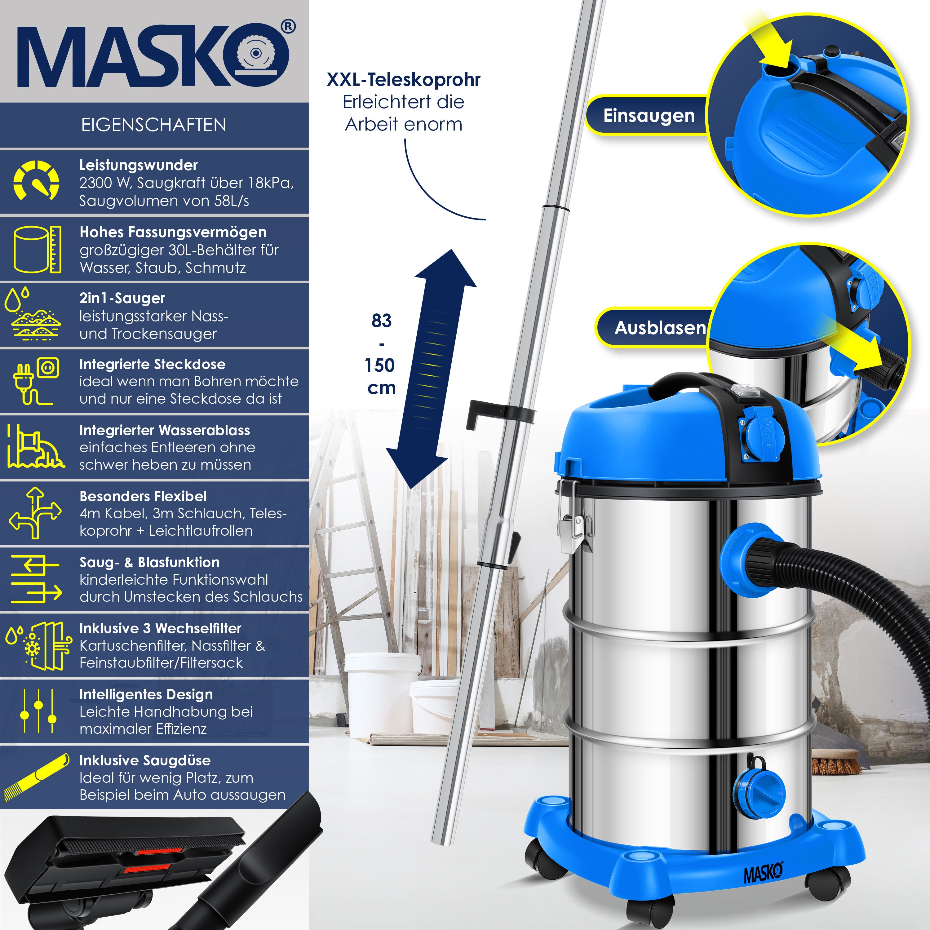 MASKO® Industriestaubsauger Staubsauger Nass Trocken Sauger Edelstahl 2300W + Steckdose | Blasfunktion | Trocken-Saugen & Nass-Saugen | Push&Clean | Industrie-Sauger mit & ohne Beutel | beutellos