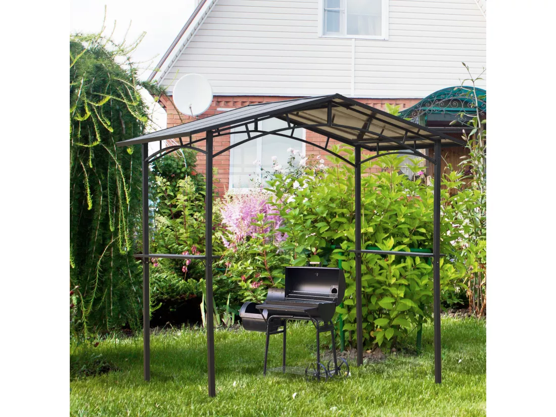 Pavillon jardin - abri barbecue - steakhouse 2 étagères - toit de barbecue - dim. 2,46L x 1,49l x 2,30H m - alu. métal noir toit polycarbonate