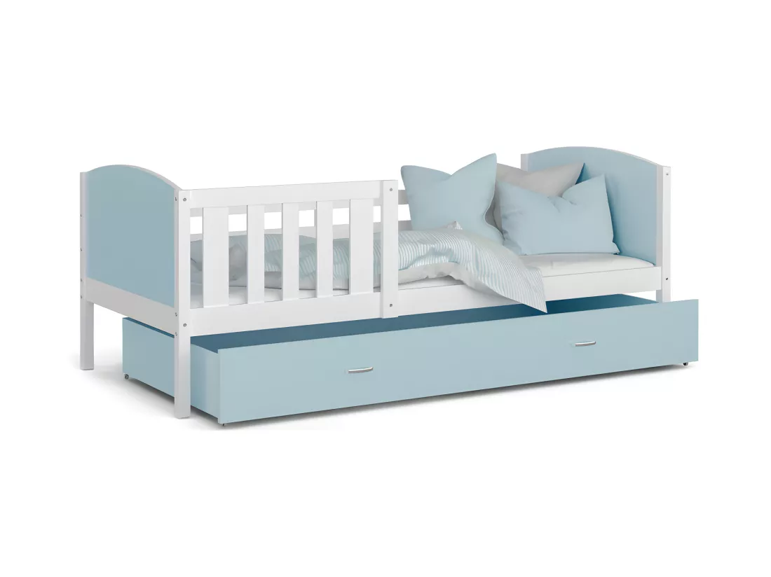 Lit Enfant Tami 90x190 ( Sans Matelas ) Blanc - bleu Livré avec le sommiers et tiroir.