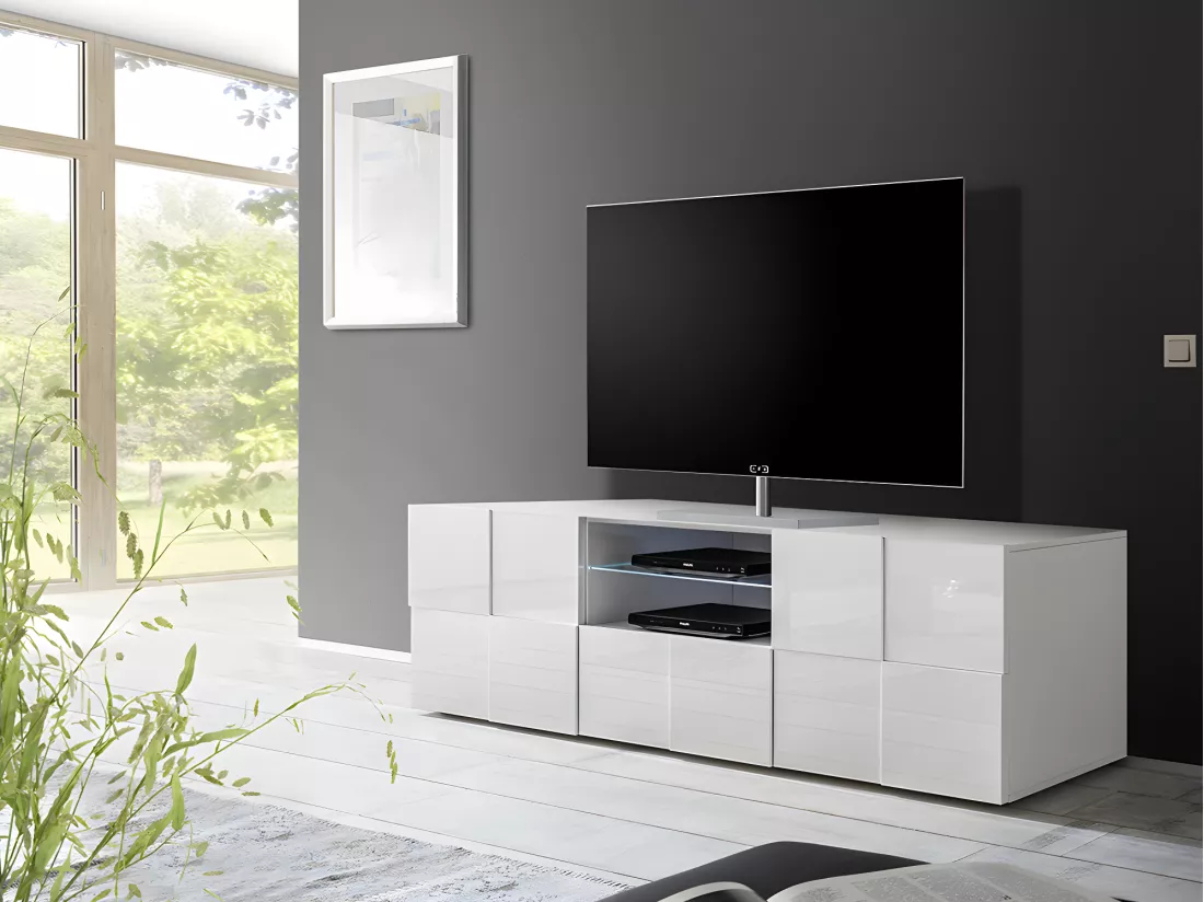 Meuble TV CALISTO - LEDs - 2 portes & 1 tiroir - Blanc laqué