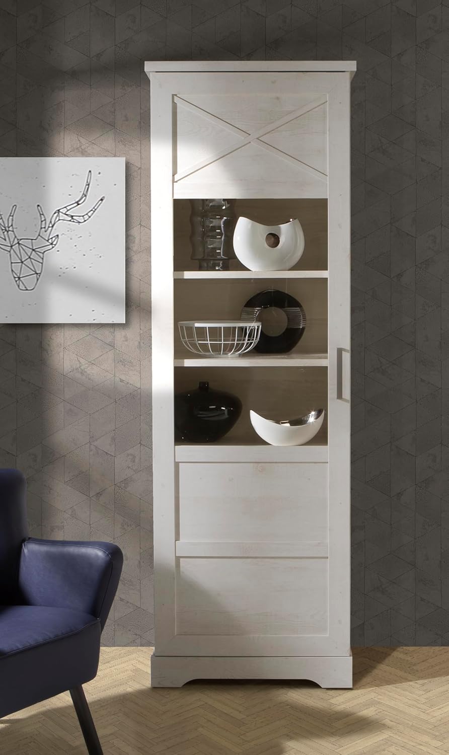 Forte ROCKHAMPTON Vitrine 70, Wohnzimmervitrine modern, Vitrinenschrank weiß, Linksseitige Vitrine mit 2 Türen, Holzwerkstoff, Pinien Holzdekor/Weiß, 68,5 cm breit x 206,2 cm hoch x 42 cm tief