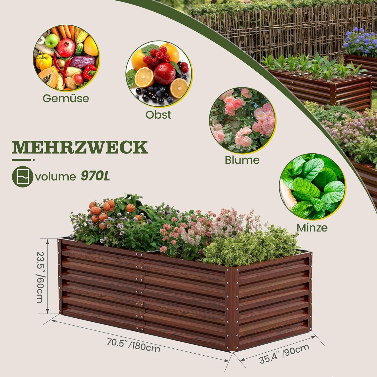 Amopatio Hochbeet Metall 2er-Set, Pflanzbeet Hochbeete für Garten, 180x90x60cm, Hochbeete-kit 970 L für Gemüse Blumen Sukkulenten Kräuter, Blumenbeet & Pflanzentrog, Verzinkter Stahl, Holzmaserung