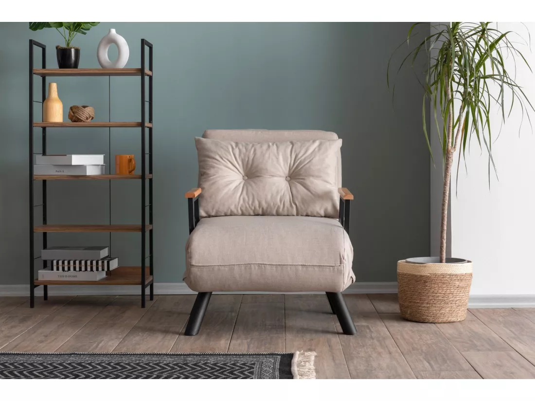 Fauteuil convertible Yolanda Métal Noir et Tissu Blanc crème