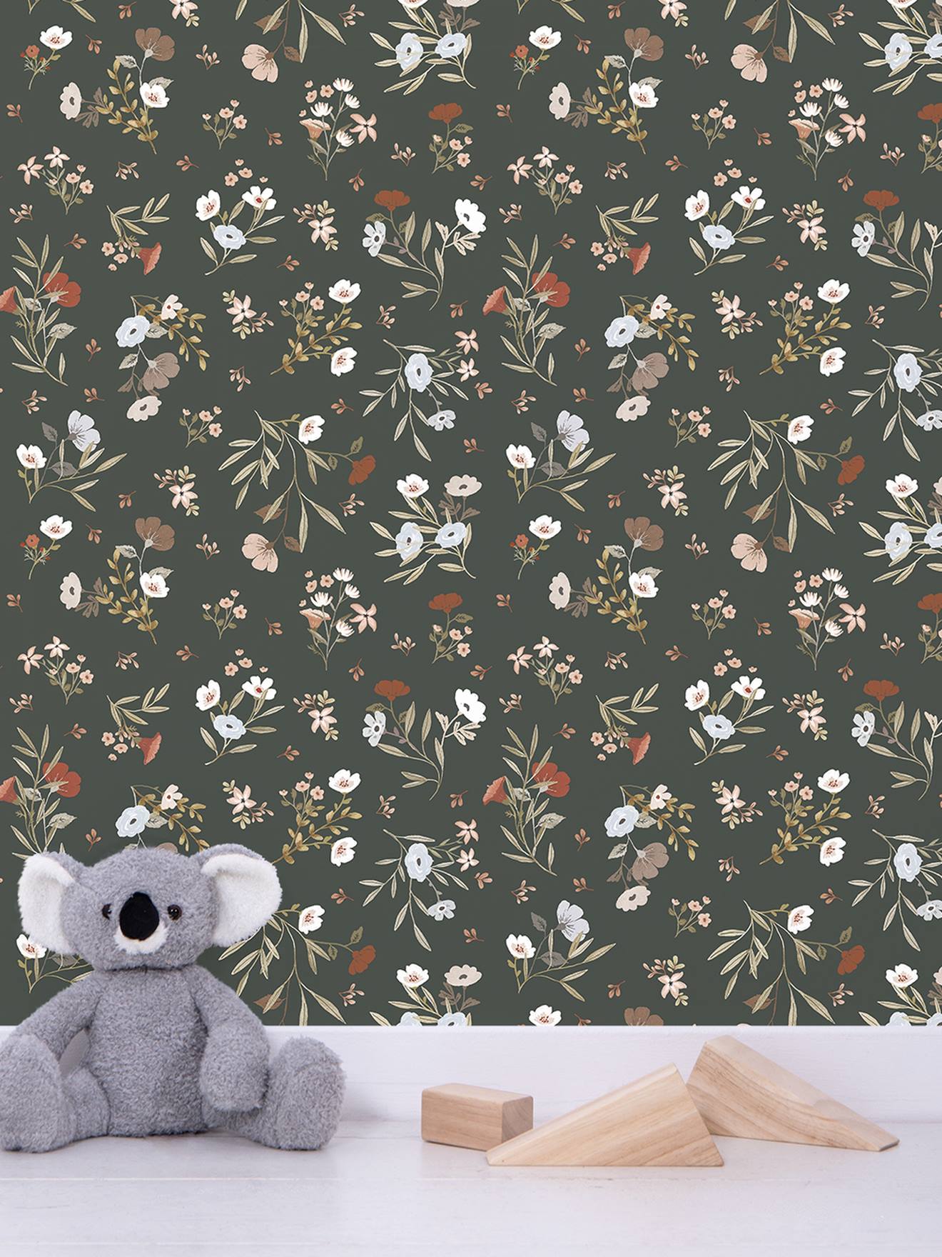 Papel de parede floral vintage Lilydale, cor lilípino oliva