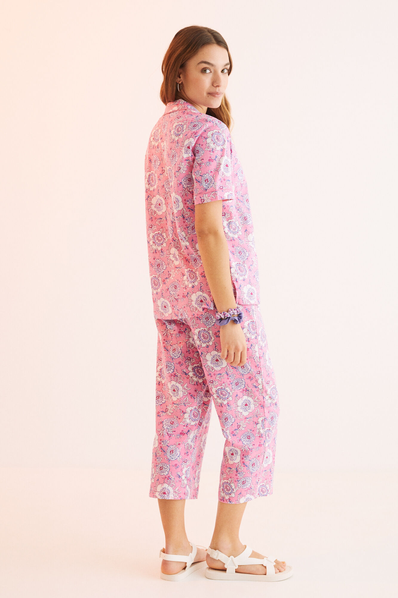 Pijama estilo camisa rosa estampado, 100% algodão - rosa