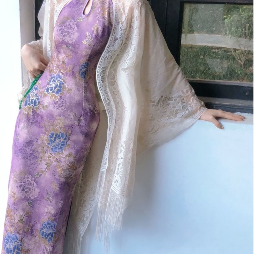 Vensazco - Traditionele Chinese halterhalskraag met bloemenprint, uitsparing en split, maxi-mantel, qipao