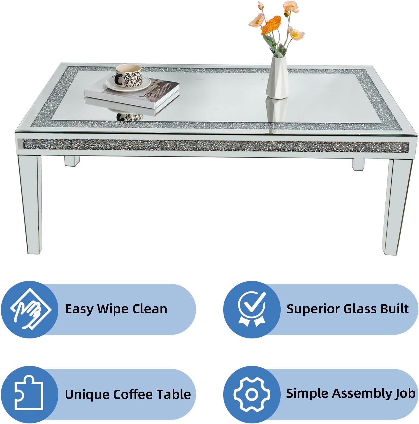Couchtisch Silber Kristall Glas: Verspiegelte Couchtisch Kristall Beistelltisch rechteckig 120×60×45 cm, Luxus Glastisch Diamant Wohnzimmertisch für Wohnzimmer