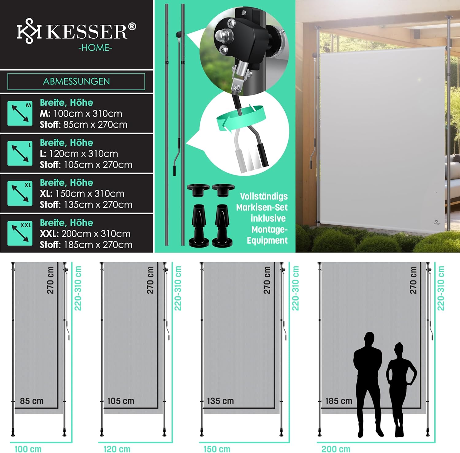 KESSER® Klemmmarkise Senkrechtmarkise 200x310cm Ausziehbar & Blickdicht Vertikalmarkise mit Handkurbel ohne Bohren Balkon-Sichtschutz & Windschutz für Garten & Terrasse Wasserfest Grau