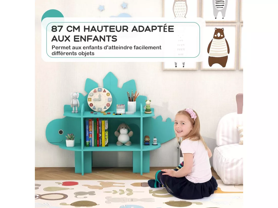 Étagère à livres enfant à 2 niveaux en forme dinosaure avec étagères ouvertes