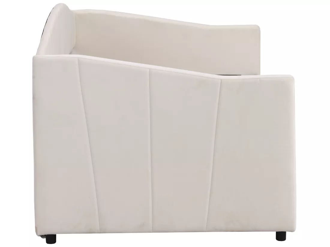 Lit gigogne - 2 x 90 x 200 cm - velours - sommier à lattes - coloris beige