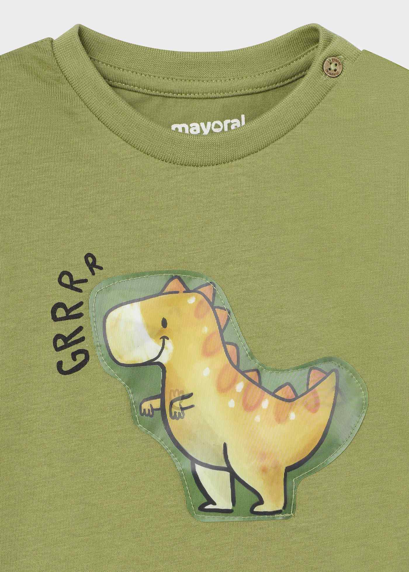 Camiseta infantil de algodão de manga curta com estampa interativa.