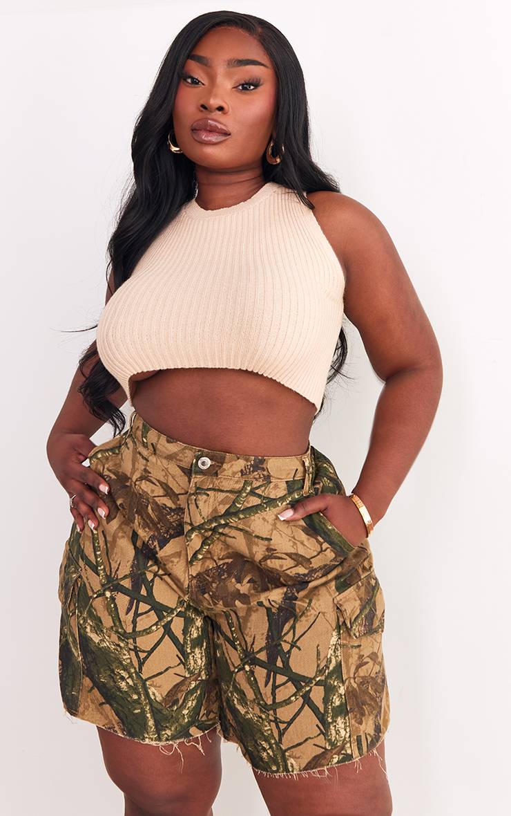Kaki Short Cargo En Denim Camouflage Grande Taille