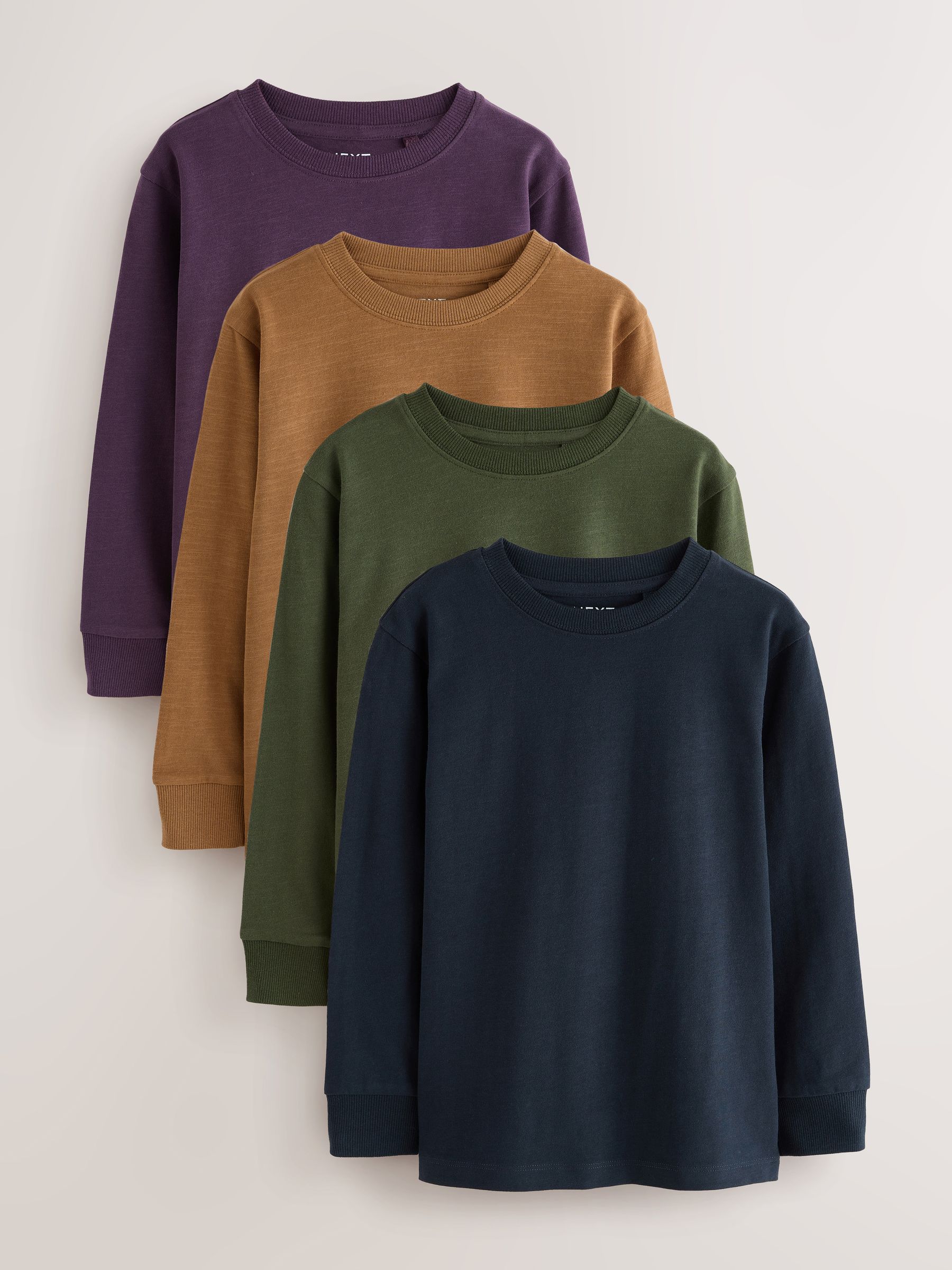 Kaki/Lichtbruin/Paars/Marineblauw - Verpakking van 4 zachte T-shirts met lange mouwen (3-16jr)