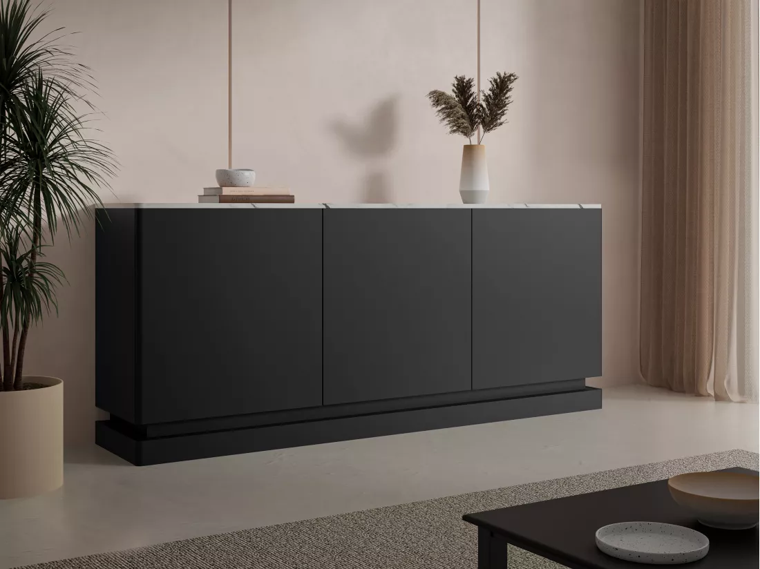 Buffet 3 portes avec LEDs en MDF - Noir et effet marbre blanc - DEVIKA de Pascal MORABITO