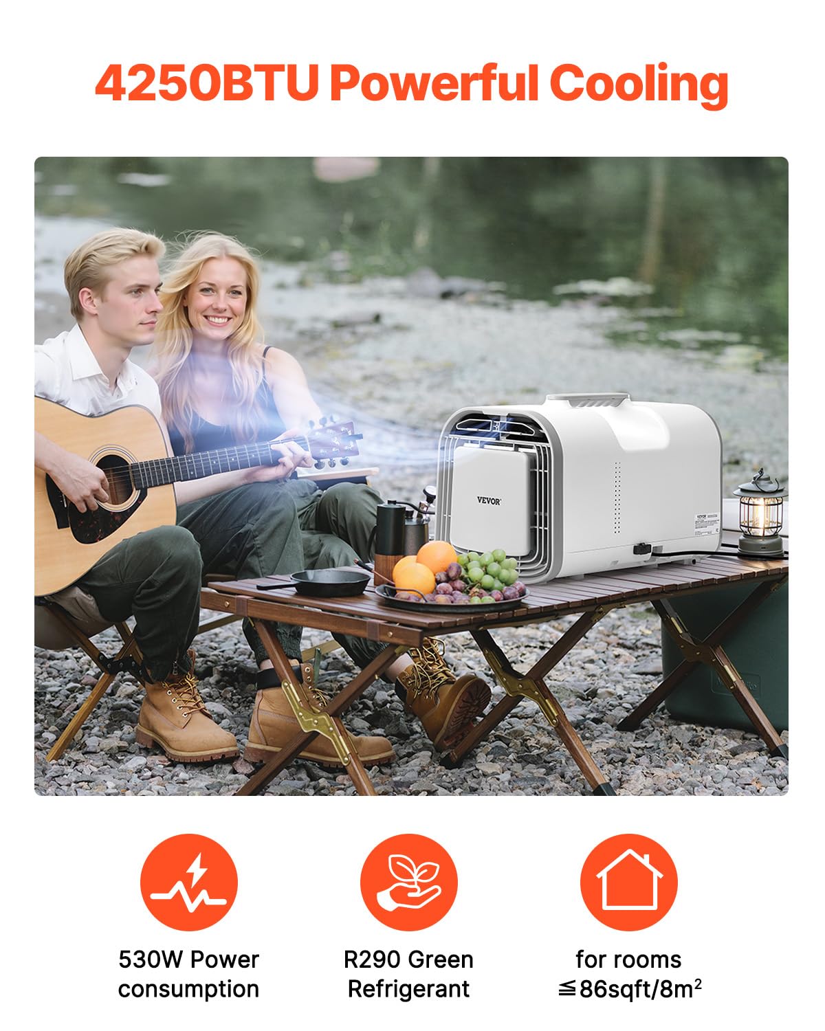 VEVOR Tragbare Klimaanlage, 4250 BTU, 3-Gang-Klimagerät mit 24-Stunden-Timer, Kühler, einstellbar von 16–32 °C, kompatibel mit AC/DC, für Camping, Wohnmobile oder den Heimgebrauch, 510x270x315 mm