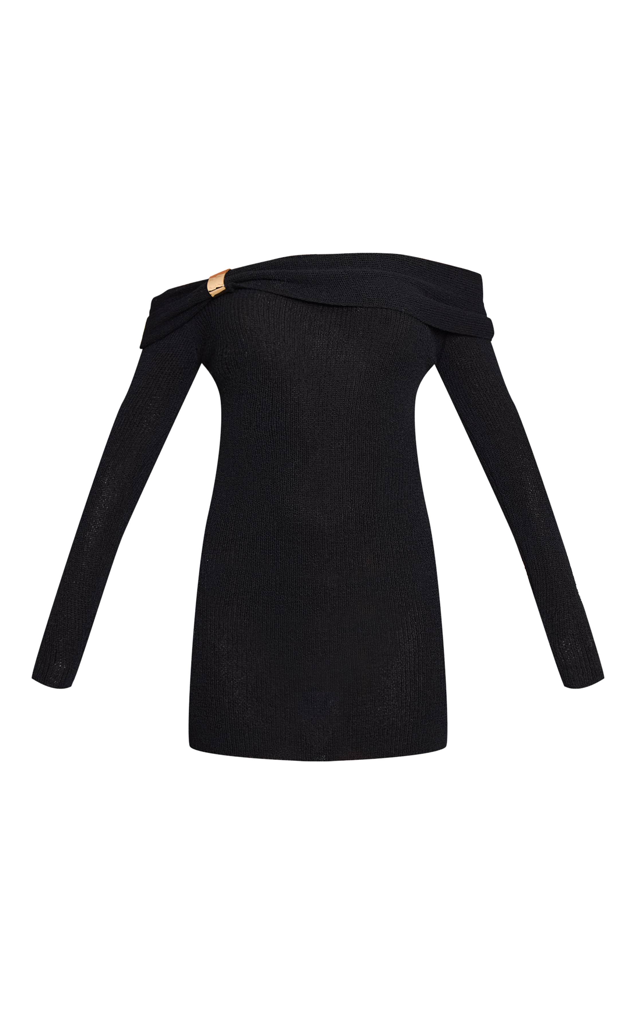 Noir Robe En Maille À Encolure Bardot Avec Détails Dorés