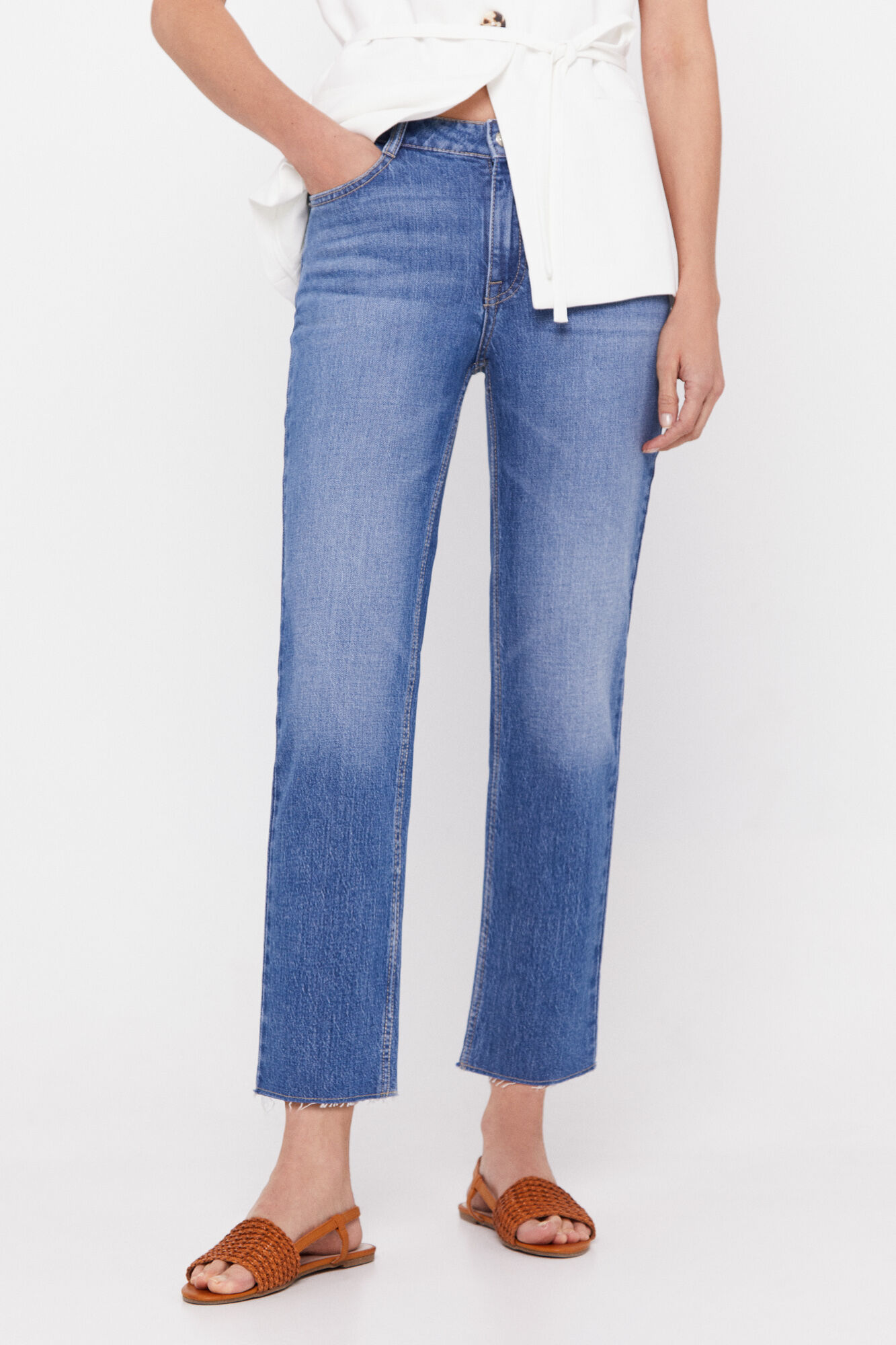 Calça cropped regular com 5 bolsos - Azul