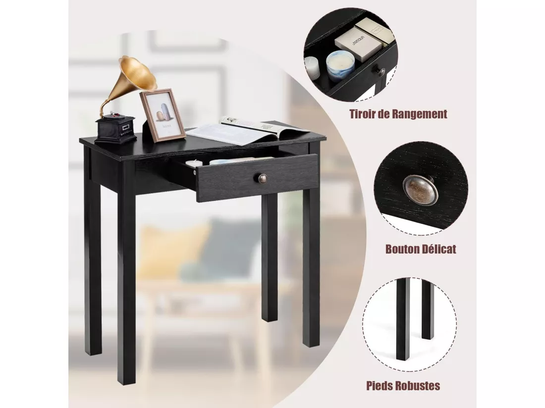 Table console avec tiroir, table de chevet avec pieds en bois massif, marron/noir (noir)