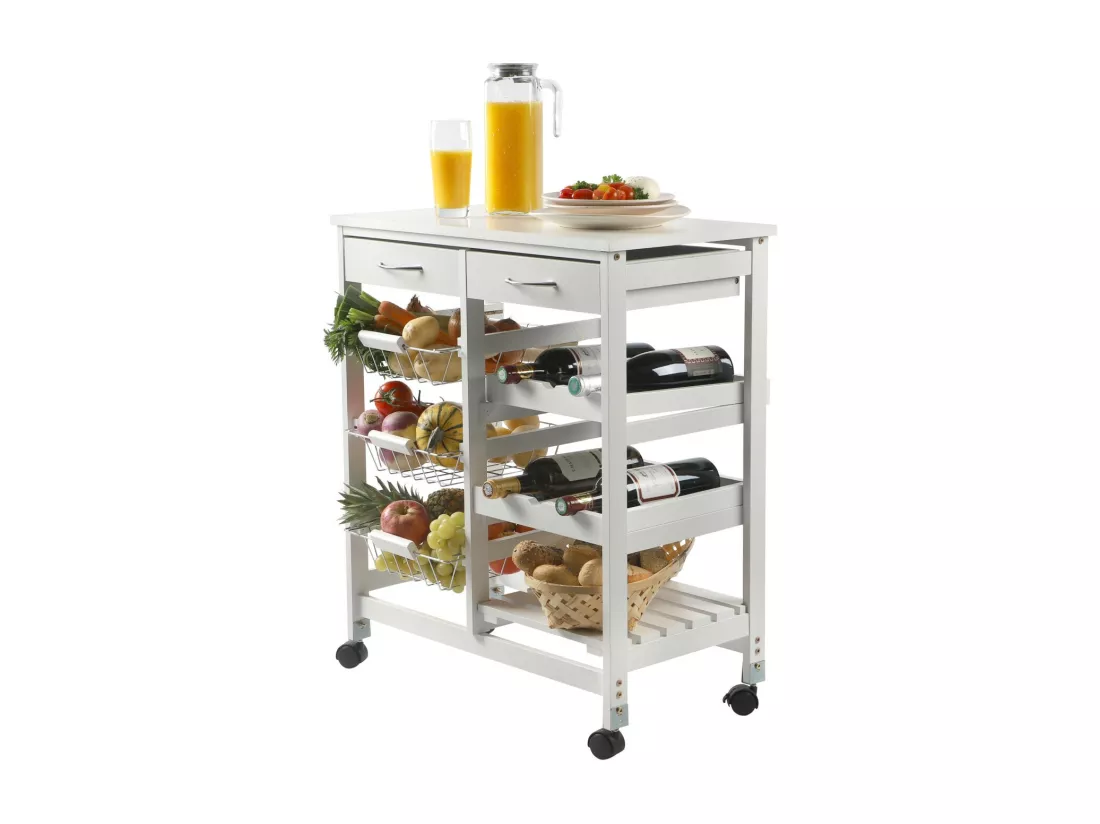 Desserte de rangement blanche sur roulettes – 2 tiroirs et 3 étagères, dimensions 65x35x76 cm – Collection ROLLYX