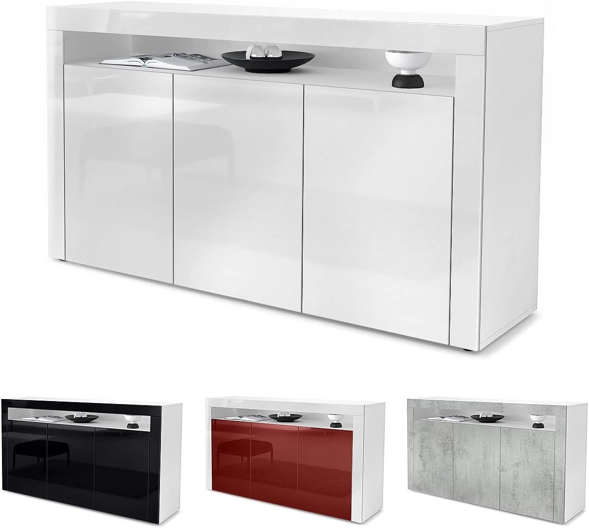 Vladon Sideboard Valencia, Made in Germany, Kommode mit 3 Türen und 1 offenem Fach, Weiß matt/Weiß Hochglanz (155 x 92 x 40 cm)