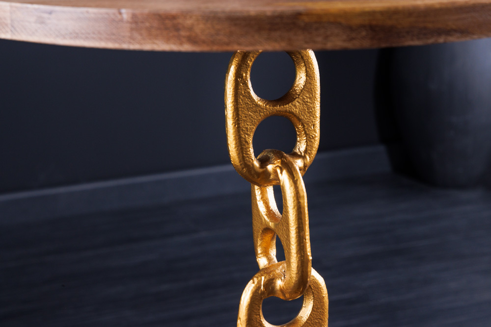 Design Beistelltisch CHAINS 55cm gold Mangoholz handmade Metall rund Kettengestell massiv