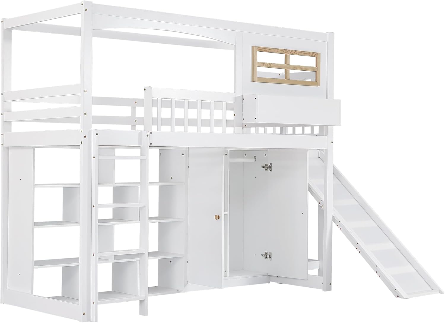 Merax Etagenbett Kinderbett Hochbett mit Rutsche,Stauraum,Kleiderschrank und Fallschutzgitter,Hochbett mit Regal und 4-stufiger Leiter, 90x200 cm, Kiefer + MDF + Sperrholz, Weiß - ohne Matratze